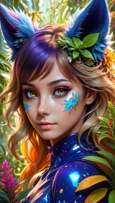 1girl,solo,long hair,looking at viewer,smile,bangs,blonde hair,brown hair,hair ornament,animal ears,brown eyes,jewelry,closed mouth,yellow eyes,upper body,purple hair,flower,multicolored hair,earrings,shiny,artist name,signature,hair flower,orange hair,from side,two-tone hair,lips,animal ear fluff,fox ears,eyelashes,gradient hair,makeup,leaf,facial mark,piercing,sunlight,plant,lipstick,ear piercing,portrait,light particles,eyeshadow,freckles,pink lips,nose,purple flower,stud earrings,eyeliner,mascara,outdoors,blurry,swept bangs,close-up,facepaint