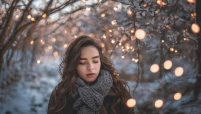 1girl, solo, long hair, brown hair, closed eyes, upper body, outdoors, parted lips, scarf, blurry, tree, lips, snow, realistic