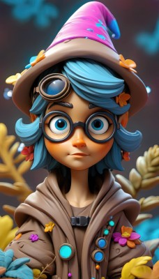 1girl,solo,looking at viewer,short hair,blue eyes,hair ornament,hat,blue hair,jacket,upper body,flower,parted lips,glasses,artist name,blurry,witch hat,swept bangs,watermark,goggles,freckles,brown jacket,lips,depth of field,blurry background,web address,goggles on head