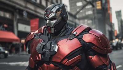 solo,1boy,upper body,male focus,outdoors,armor,blurry,blurry background,helmet,ground vehicle,building,motor vehicle,science fiction,city,car,police,power armor,red armor,gloves,mask,realistic,photo background