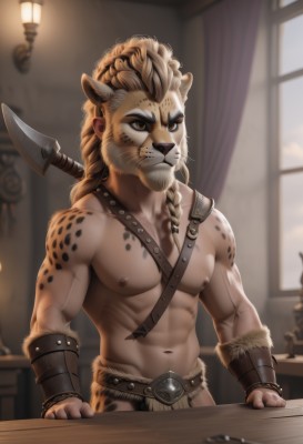 solo,long hair,blonde hair,1boy,navel,animal ears,brown eyes,closed mouth,nipples,weapon,braid,male focus,belt,artist name,indoors,stomach,armor,blurry,window,single braid,muscular,blurry background,abs,table,pectorals,muscular male,polearm,bara,furry,topless male,bracer,furry male,axe,body fur,loincloth,snout,brown hair,watermark,web address,spear,realistic,lamp,manly,lion