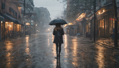 1girl, solo, long hair, brown hair, holding, standing, pantyhose, boots, outdoors, sky, bag, from behind, black footwear, tree, coat, dutch angle, night, umbrella, ground vehicle, building, scenery, motor vehicle, reflection, walking, rain, holding umbrella, city, car, road, power lines, lamppost, street, puddle, crosswalk, vanishing point