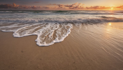 outdoors, sky, cloud, water, no humans, ocean, beach, scenery, sunset, sand, sun, horizon, waves, shore, orange sky