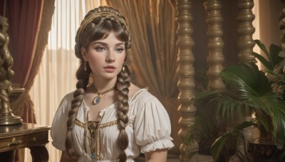 1girl,solo,long hair,breasts,looking at viewer,bangs,brown hair,black hair,hair ornament,dress,cleavage,brown eyes,jewelry,closed mouth,upper body,braid,short sleeves,hairband,earrings,frills,puffy sleeves,artist name,indoors,necklace,white dress,twin braids,puffy short sleeves,lips,grey eyes,window,watermark,sunlight,plant,curtains,gem,hair over shoulder,pendant,realistic,nose,potted plant,collarbone,parted lips,signature,parted bangs,looking to the side,looking away,gold