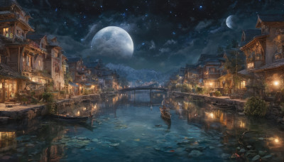 outdoors, sky, cloud, water, tree, no humans, night, moon, building, star (sky), night sky, scenery, full moon, starry sky, reflection, lantern, mountain, city, watercraft, architecture, house, crescent moon, bridge, boat