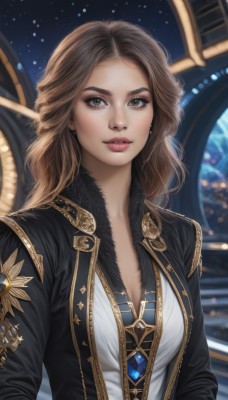 1girl,solo,long hair,breasts,looking at viewer,smile,brown hair,shirt,cleavage,brown eyes,jewelry,medium breasts,green eyes,jacket,white shirt,upper body,earrings,open clothes,blurry,lips,black jacket,grey eyes,fur trim,makeup,blurry background,gem,freckles,realistic,nose,parted lips,artist name,eyelashes,fur collar