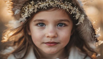 1girl,solo,long hair,looking at viewer,blue eyes,brown hair,hat,closed mouth,blurry,lips,eyelashes,depth of field,blurry background,portrait,close-up,freckles,realistic,nose,straw hat,smile,hair ornament,feathers