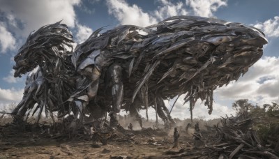 outdoors,sky,day,cloud,tree,blue sky,no humans,cloudy sky,robot,scenery,mecha,science fiction,monster,ruins,weapon,multiple boys,teeth,armor,sharp teeth