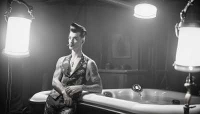 solo,short hair,shirt,1boy,bare shoulders,jewelry,sitting,closed mouth,collarbone,monochrome,greyscale,male focus,earrings,sleeveless,pants,indoors,water,necklace,vest,tattoo,cigarette,lamp,arm tattoo,shoulder tattoo,undercut,bathtub,bracelet,facial hair,piercing,ring,cross,realistic,stool,pompadour