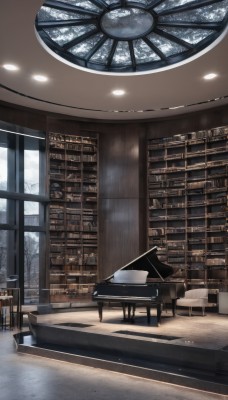 day,indoors,tree,book,no humans,window,chair,table,sunlight,instrument,scenery,snow,stairs,bookshelf,shelf,library,piano,carpet,grand piano,bare tree,chandelier