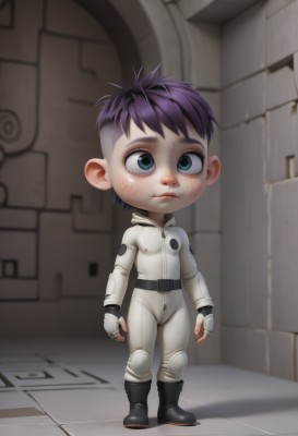 1girl,solo,short hair,blue eyes,gloves,1boy,closed mouth,standing,full body,purple hair,male focus,multicolored hair,boots,belt,indoors,white gloves,fingerless gloves,chibi,bodysuit,freckles,realistic,male child,very short hair,animification,white bodysuit,spacesuit,aged down