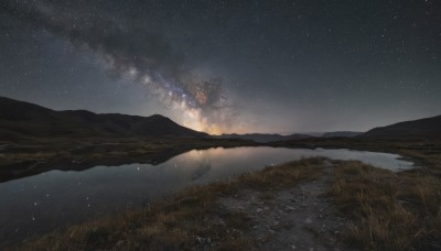 outdoors,sky,cloud,water,tree,no humans,night,grass,star (sky),nature,night sky,scenery,starry sky,reflection,mountain,river,landscape,mountainous horizon,lake,horizon,field,hill,milky way