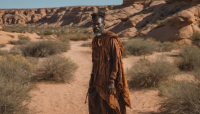 solo,looking at viewer,gloves,long sleeves,1boy,holding,closed mouth,standing,weapon,grey hair,male focus,outdoors,cape,holding weapon,gun,colored skin,facial hair,grass,holding gun,scenery,cloak,beard,robe,black hair,day,belt,pants,signature,rock,desert