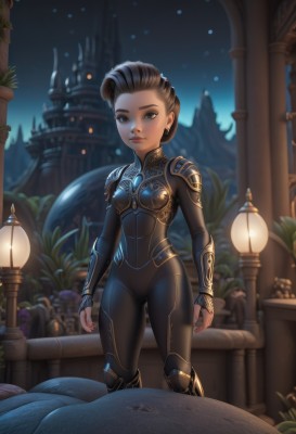 1girl,solo,breasts,looking at viewer,short hair,brown hair,black hair,brown eyes,jewelry,closed mouth,standing,earrings,small breasts,outdoors,sky,artist name,hair bun,armor,blurry,lips,bodysuit,makeup,night,blurry background,shoulder armor,star (sky),breastplate,arms at sides,black bodysuit,nail polish,night sky,freckles,nose