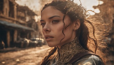 1girl,solo,long hair,looking at viewer,brown hair,hair ornament,brown eyes,jewelry,upper body,braid,earrings,outdoors,parted lips,dark skin,armor,blurry,dark-skinned female,lips,eyelashes,depth of field,blurry background,shoulder armor,portrait,freckles,curly hair,pauldrons,realistic,nose,fantasy,chainmail,black hair,sunlight,wind,backlighting