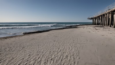 outdoors,sky,day,water,blue sky,no humans,ocean,beach,scenery,fence,sand,railing,horizon,shore,waves,real world location