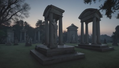 outdoors,sky,tree,no humans,grass,building,scenery,architecture,pillar,statue,shrine,tombstone,graveyard,stone lantern,sunset,east asian architecture,bare tree,evening,gradient sky,path