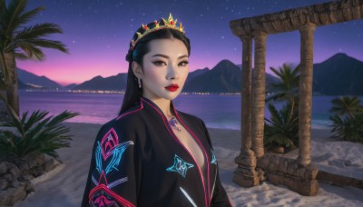 1girl,solo,long hair,breasts,looking at viewer,black hair,cleavage,jewelry,medium breasts,upper body,earrings,outdoors,sky,necklace,black eyes,tree,lips,makeup,night,beach,tiara,crown,lipstick,star (sky),night sky,starry sky,mountain,sand,palm tree,red lips,plunging neckline,purple sky,brown eyes,small breasts,water,ocean,scenery,realistic