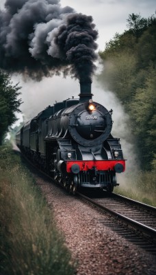 outdoors,sky,day,cloud,tree,military,no humans,grass,ground vehicle,nature,motor vehicle,forest,smoke,cannon,military vehicle,tank,vehicle focus,caterpillar tracks,railroad tracks,cloudy sky,damaged,train