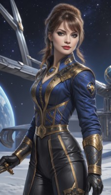 1girl,solo,long hair,breasts,looking at viewer,brown hair,shirt,gloves,long sleeves,brown eyes,jewelry,medium breasts,standing,ponytail,weapon,cowboy shot,earrings,sky,black gloves,pants,lips,bodysuit,makeup,black pants,blue shirt,lipstick,star (sky),starry sky,red lips,space,planet,earth (planet),spacecraft,cleavage,necklace,polearm,realistic