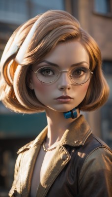 1girl,solo,looking at viewer,short hair,brown hair,shirt,brown eyes,jewelry,closed mouth,jacket,upper body,earrings,glasses,artist name,necklace,blurry,lips,eyelashes,makeup,depth of field,blurry background,headphones,freckles,realistic,nose,round eyewear,blush,hat,outdoors,day,lipstick,building,portrait,forehead,leather,leather jacket