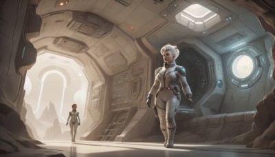 1girl,breasts,short hair,brown hair,gloves,1boy,2girls,brown eyes,medium breasts,standing,white hair,indoors,lips,bodysuit,helmet,walking,science fiction,realistic,pilot suit,spacecraft,spacesuit,blue eyes,multiple girls,holding,weapon,signature,armor,gun,robot,scenery,mecha,headwear removed,backlighting,size difference,space,holster,planet,dirty,energy gun,helmet removed,pilot