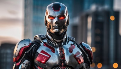 solo,looking at viewer,red eyes,1boy,upper body,male focus,armor,blurry,mask,blurry background,glowing,chain,building,glowing eyes,science fiction,city,alien,power armor,helmet,realistic,superhero