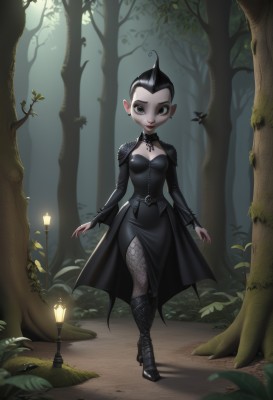 1girl,solo,breasts,looking at viewer,smile,short hair,black hair,long sleeves,dress,cleavage,jewelry,medium breasts,green eyes,standing,full body,pantyhose,small breasts,boots,outdoors,horns,pointy ears,artist name,nail polish,black footwear,black eyes,black dress,high heels,tree,fingernails,grey eyes,makeup,colored skin,leaf,knee boots,lipstick,fishnets,pale skin,nature,black nails,single horn,forest,high heel boots,walking,red lips,gothic,black lips,earrings,bug,fairy