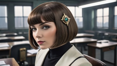 1girl,solo,looking at viewer,short hair,bangs,brown hair,shirt,hair ornament,brown eyes,closed mouth,jacket,indoors,blunt bangs,mole,blurry,lips,black shirt,mole under eye,window,makeup,blurry background,turtleneck,chair,bob cut,lipstick,portrait,desk,realistic,nose,classroom,upper body,eyelashes,pink lips,turtleneck sweater