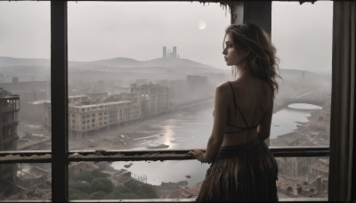 1girl,solo,long hair,looking at viewer,skirt,brown hair,black hair,bare shoulders,brown eyes,jewelry,earrings,outdoors,sky,looking back,water,from behind,lips,window,back,moon,building,scenery,full moon,brown skirt,city,railing,cityscape,bridge,river,lake,breasts,closed mouth,standing,artist name,indoors,bra,profile,reflection