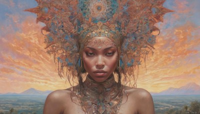 1girl,solo,long hair,looking at viewer,brown hair,black hair,bare shoulders,jewelry,upper body,earrings,outdoors,parted lips,sky,cloud,dark skin,water,dark-skinned female,lips,ocean,facial mark,gem,portrait,scenery,sunset,realistic,fantasy,headdress,blue eyes,necklace,mole,cloudy sky,mountain