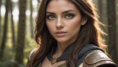 1girl,solo,long hair,looking at viewer,brown hair,brown eyes,jewelry,closed mouth,upper body,armor,blurry,lips,eyelashes,depth of field,blurry background,wavy hair,shoulder armor,portrait,nature,close-up,forest,pauldrons,realistic,nose,outdoors,day,sunlight,thick eyebrows,forehead,backlighting