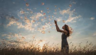 1girl, solo, long hair, open mouth, brown hair, dress, standing, closed eyes, outdoors, sky, sleeveless, day, cloud, dark skin, arms up, from side, dark-skinned female, blue sky, sleeveless dress, cloudy sky, grass, looking up, scenery, field, striped dress