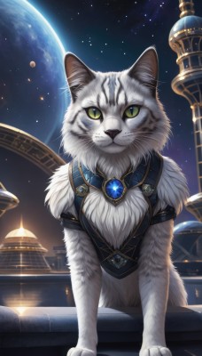 solo,looking at viewer,jewelry,green eyes,sky,signature,no humans,night,animal,fangs,moon,cat,slit pupils,brooch,gem,star (sky),night sky,full moon,starry sky,space,animal focus,white fur,planet,whiskers,blue gemstone,artist name,watermark,white cat