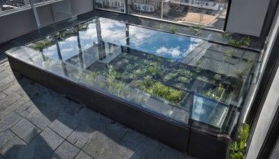 outdoors,sky,day,cloud,indoors,water,tree,blue sky,no humans,window,shadow,sunlight,cloudy sky,plant,building,scenery,reflection,stairs,road,grass,puddle,reflective water