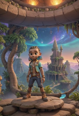 solo,looking at viewer,smile,brown hair,black hair,1boy,navel,brown eyes,jewelry,standing,male focus,earrings,boots,outdoors,sky,shorts,belt,dark skin,water,necklace,black eyes,bracelet,tree,night,dark-skinned male,plant,child,star (sky),night sky,scenery,starry sky,palm tree,dreadlocks,1girl,hair ornament,full body,short sleeves,open clothes,artist name,vest,glowing,watermark,brown footwear,feathers,denim,blue shorts,sunset,lantern,fantasy,facepaint,open vest,cliff