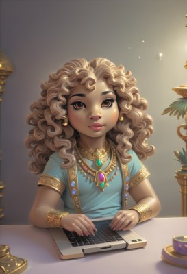 1girl,solo,long hair,looking at viewer,brown hair,shirt,brown eyes,jewelry,sitting,upper body,short sleeves,earrings,parted lips,dark skin,necklace,flat chest,bracelet,dark-skinned female,lips,fingernails,eyelashes,wavy hair,table,blue shirt,plant,gem,child,desk,curly hair,nose,female child,bracer,neck ring,keyboard (computer),breasts,small breasts,cup,makeup,watermark,instrument,web address,pendant,bangle