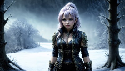 HQ,1girl,solo,long hair,breasts,looking at viewer,blue eyes,large breasts,gloves,cleavage,jewelry,medium breasts,upper body,ponytail,pink hair,outdoors,parted lips,open clothes,choker,belt,necklace,armor,blurry,tree,lips,blurry background,high ponytail,nature,snow,forest,snowing,realistic,winter,bare tree,pine tree,white hair