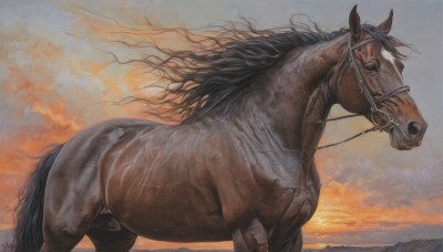 solo,long hair,1boy,male focus,outdoors,sky,cloud,signature,from side,no humans,animal,traditional media,scenery,sunset,mountain,realistic,riding,painting (medium),horse,orange sky,horseback riding,teeth,artist name,cloudy sky,animal focus,reins