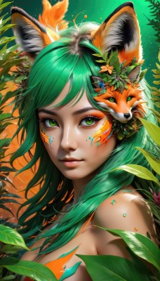 1girl,solo,long hair,breasts,looking at viewer,bangs,hair ornament,animal ears,medium breasts,closed mouth,green eyes,upper body,flower,nude,green hair,artist name,hair flower,from side,lips,animal ear fluff,fox ears,eyelashes,makeup,mask,leaf,facial mark,plant,fox girl,portrait,eyeshadow,nose,eyeliner,mask on head,facepaint,fox,cleavage,animal,bug