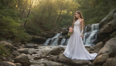 1girl,solo,long hair,breasts,brown hair,hair ornament,dress,holding,bare shoulders,brown eyes,jewelry,medium breasts,standing,braid,flower,hairband,outdoors,sleeveless,day,water,white dress,tree,sleeveless dress,sunlight,plant,nature,scenery,forest,rock,bouquet,wedding dress,long dress,holding bouquet,bride,river,waterfall,stream,pointy ears,elf,pink flower,moss