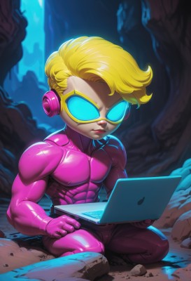 solo,short hair,blonde hair,gloves,1boy,sitting,closed mouth,male focus,shiny,pants,bodysuit,muscular,glowing,colored skin,headphones,abs,pectorals,muscular male,computer,pink gloves,laptop,pink bodysuit,signature,lips,male child,tinted eyewear