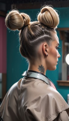 1girl,solo,short hair,blonde hair,shirt,jewelry,upper body,earrings,artist name,indoors,hair bun,from behind,blurry,collar,from side,lips,see-through,double bun,tattoo,profile,blurry background,piercing,single hair bun,ear piercing,zipper,rain,realistic,nose,nape,jacket,depth of field,stud earrings