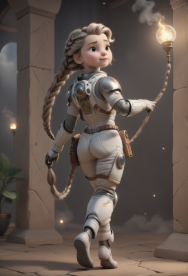 1girl,solo,long hair,blonde hair,brown hair,gloves,holding,brown eyes,very long hair,full body,ass,braid,boots,looking back,indoors,fingerless gloves,from behind,armor,lips,single braid,bodysuit,plant,smoke,walking,pouch,torch,dust,fire,rope,pillar