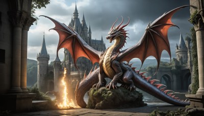 HQ,open mouth,red eyes,tail,outdoors,wings,horns,sky,teeth,day,cloud,signature,water,tree,no humans,fangs,cloudy sky,fire,sharp teeth,building,scenery,claws,monster,fantasy,dragon,scales,ruins,pillar,castle,dragon wings,breathing fire,solo,spikes