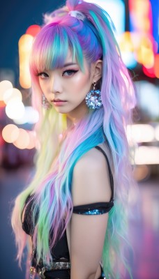 1girl,solo,long hair,breasts,looking at viewer,bangs,hair ornament,dress,bare shoulders,jewelry,medium breasts,blue hair,purple eyes,upper body,ponytail,pink hair,purple hair,multicolored hair,earrings,parted lips,green hair,sleeveless,blurry,from side,two-tone hair,lips,aqua hair,gradient hair,makeup,depth of field,blurry background,high ponytail,armlet,eyeshadow,realistic,nose,bokeh,mascara,closed mouth,belt,artist name,blunt bangs,black dress,looking to the side,eyelashes,sparkle,sleeveless dress,watermark,expressionless,gem,web address