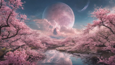 outdoors, sky, cloud, water, tree, no humans, night, moon, cherry blossoms, star (sky), night sky, scenery, full moon, starry sky, reflection, branch