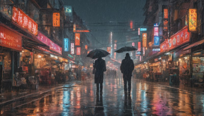 holding, standing, outdoors, multiple boys, sky, from behind, dutch angle, night, umbrella, building, scenery, reflection, walking, rain, holding umbrella, city, sign, road, power lines, street, puddle, neon lights