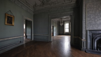 indoors,no humans,window,chair,sunlight,scenery,wooden floor,stairs,door,painting (object),hallway,carpet,chandelier,reflection,light,candle,picture frame,floor,rug,reflective floor,fireplace