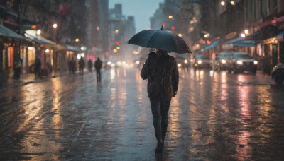 1girl, long sleeves, holding, standing, jacket, outdoors, sky, solo focus, pants, from behind, blurry, dutch angle, night, depth of field, blurry background, umbrella, black pants, ground vehicle, building, scenery, motor vehicle, reflection, walking, rain, holding umbrella, city, road, lamppost, street, people